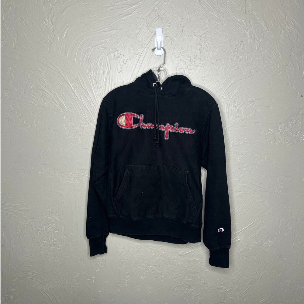 Champion Reverse Weave Black Script Logo Pullover Hoodie